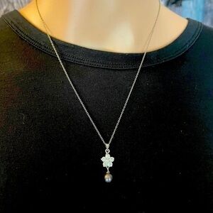 Tahitian Black Pearl & Real Diamond Sterling Silver Pendant Necklace *MINT*